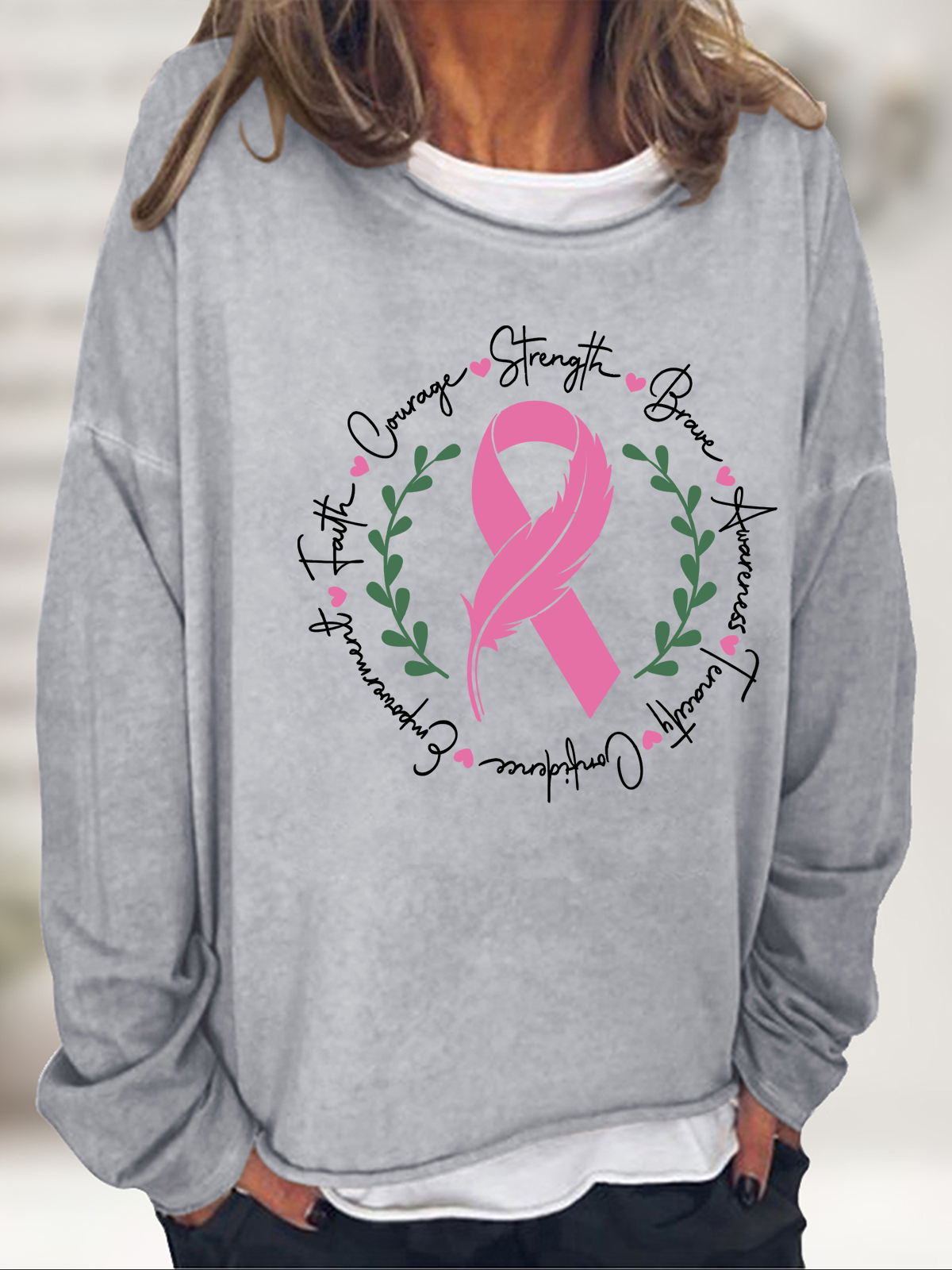 Awareness Ribbon Breast Cancer Cotton-Blend Casual Crew Neck Sweatshirt