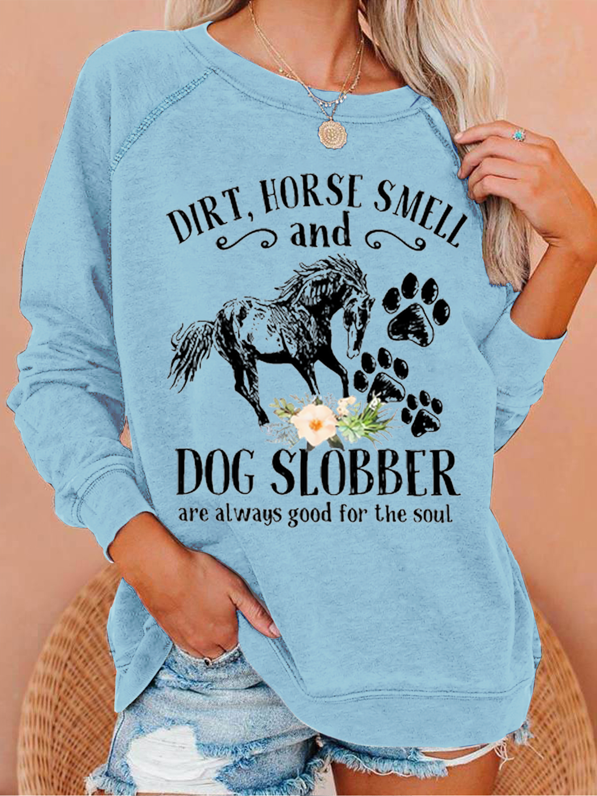 Women's Cute Horse And Dog Flower Dirt Horse Smell Animal Casual Crew Neck Sweatshirt