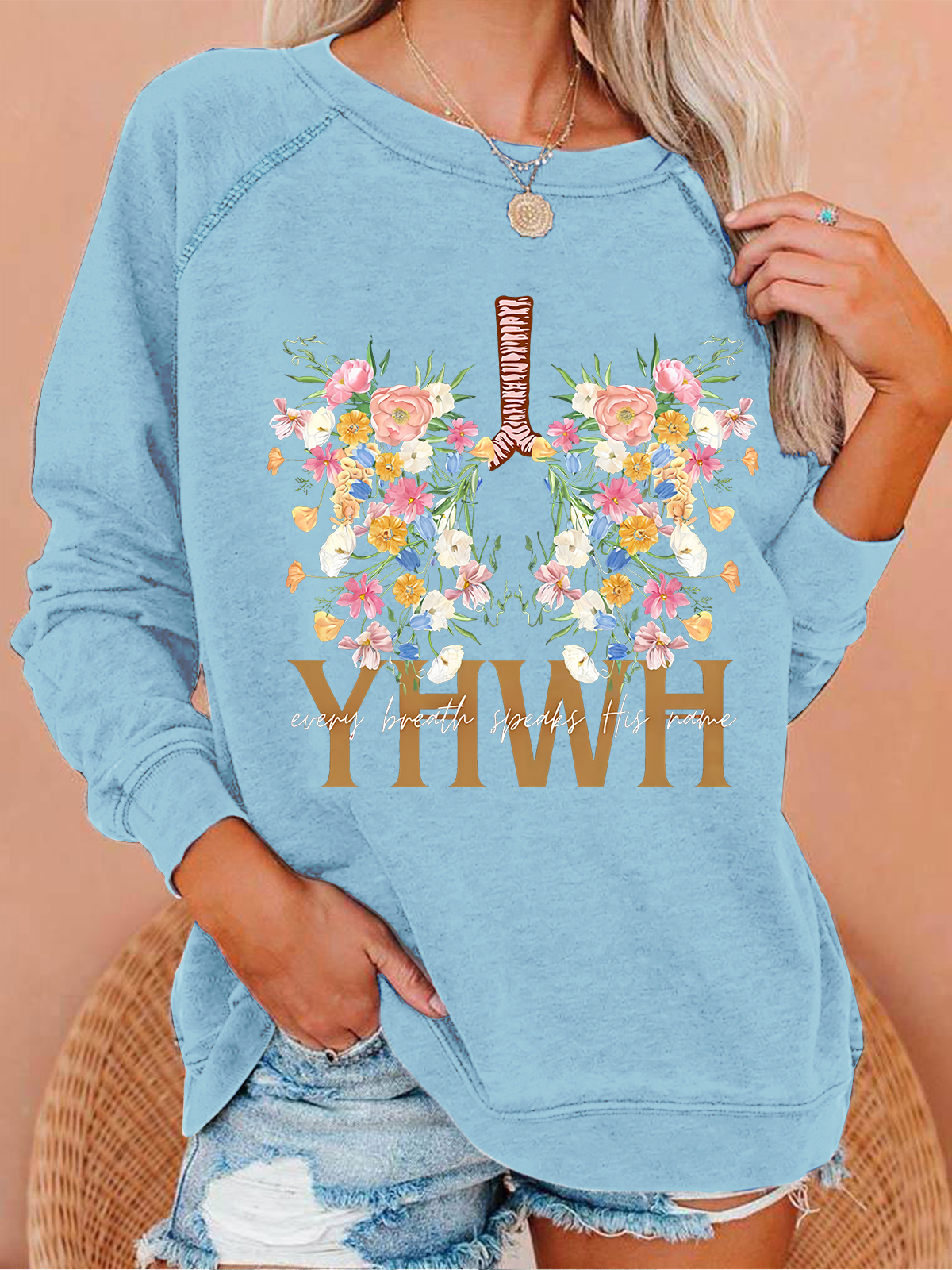 YHWH Floral Christian Text Letters Casual Sweatshirt