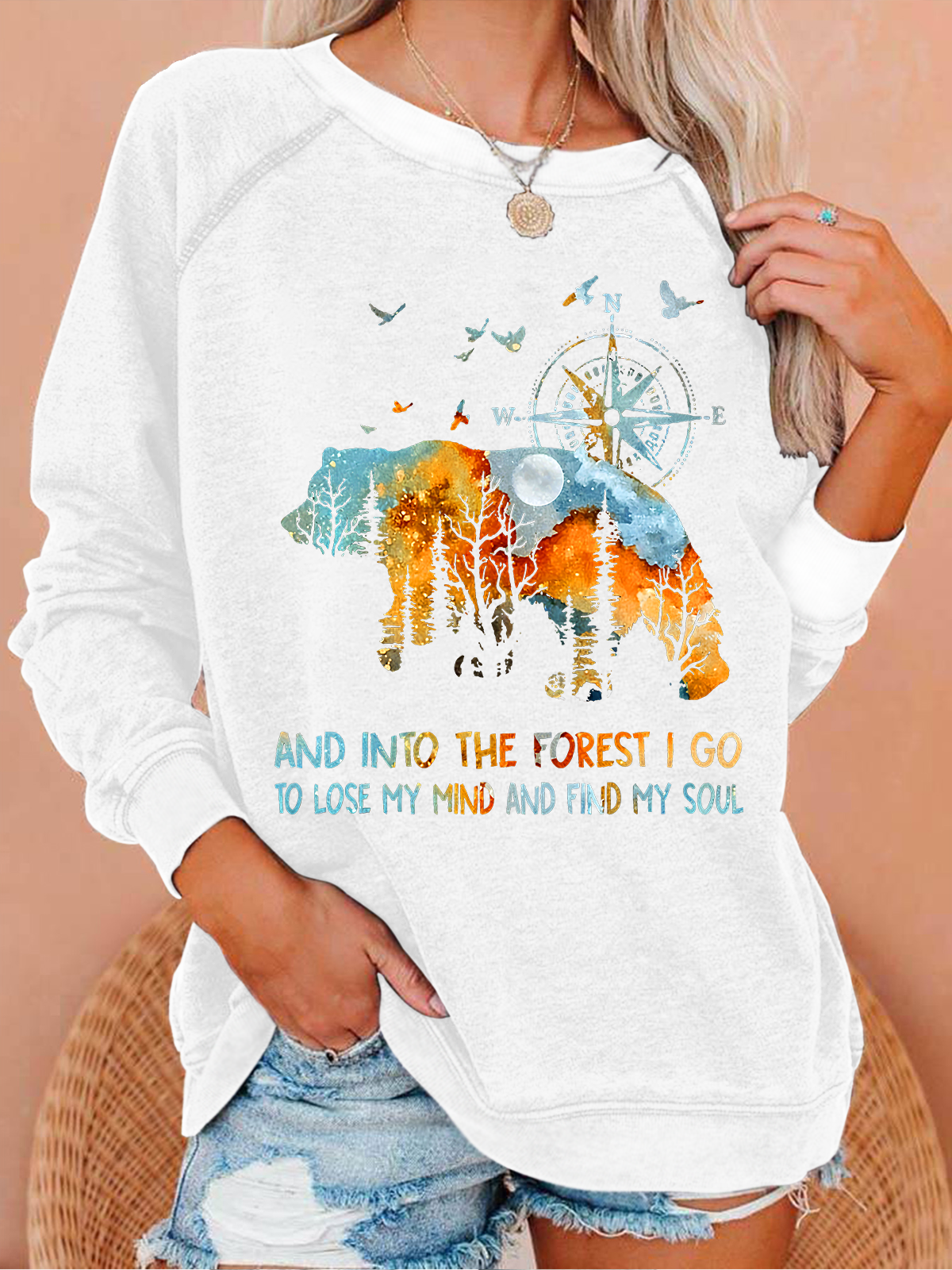 Into The Forest I Go bear Casual Text Letters Crew Neck Sweatshirt