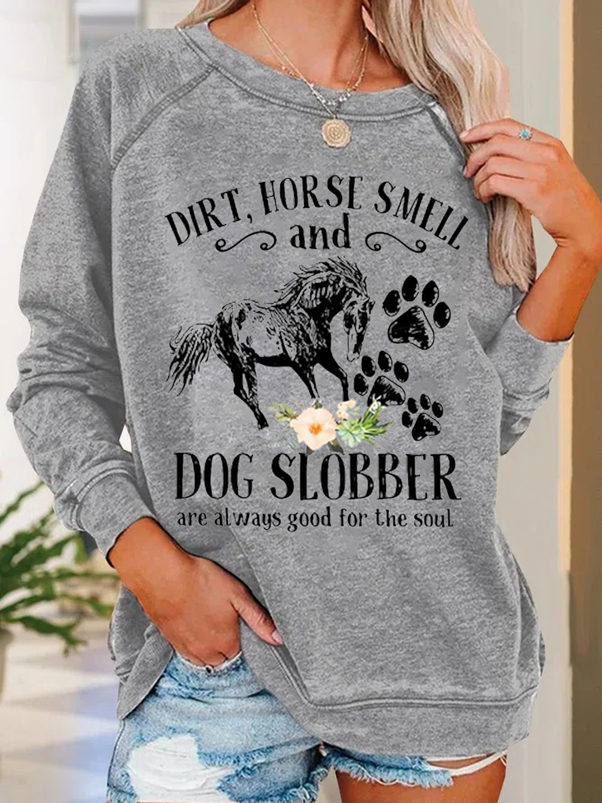 Women's Cute Horse And Dog Flower Dirt Horse Smell Animal Casual Crew Neck Sweatshirt