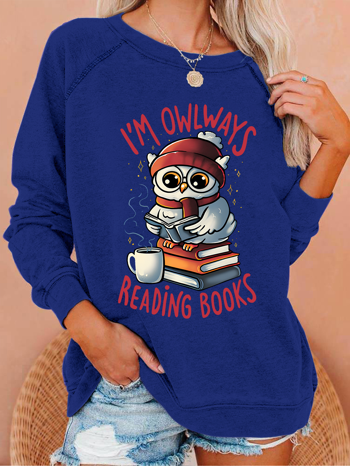 Owlways Reading Books Text Letters Casual Crew Neck Sweatshirt