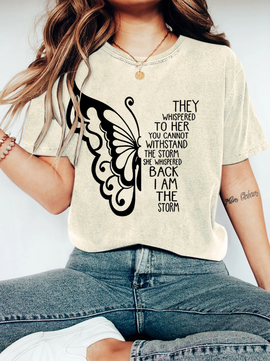 Women's Butterfly Letters Vintage Distressed Shirt