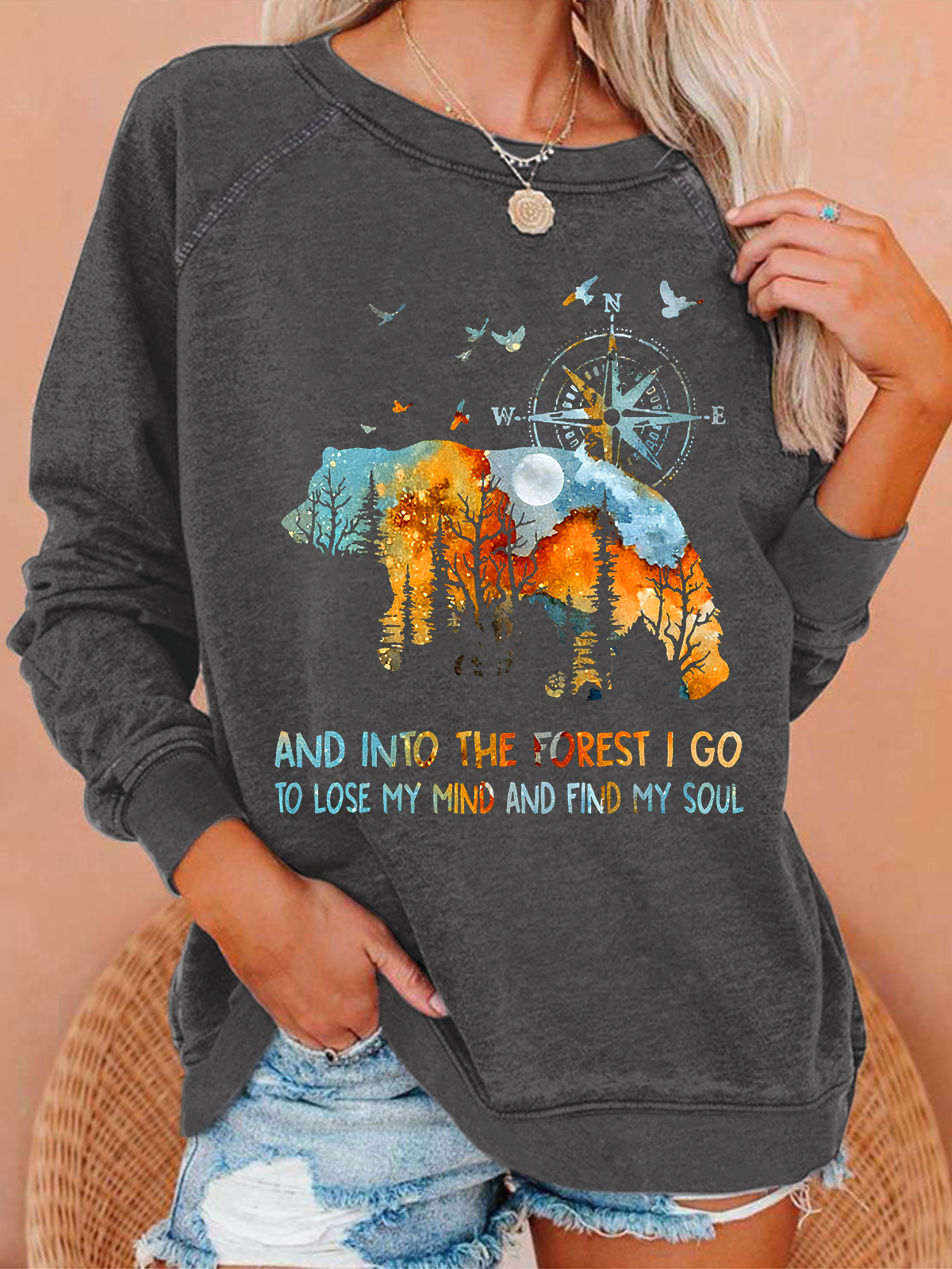 Into The Forest I Go bear Casual Text Letters Crew Neck Sweatshirt