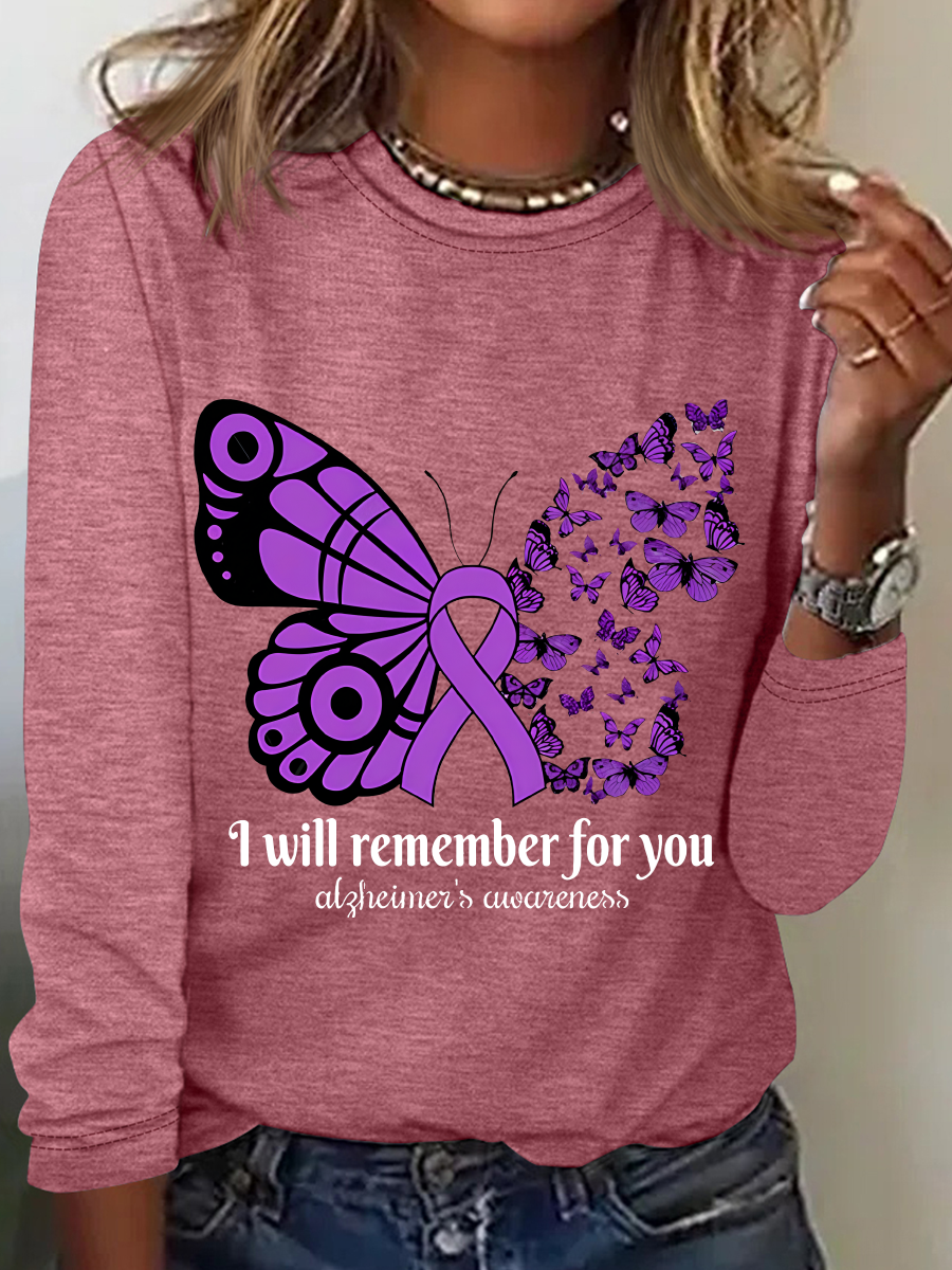 Women's Alzheimer's Awareness Butterfly Print Casual Long Sleeve Shirt