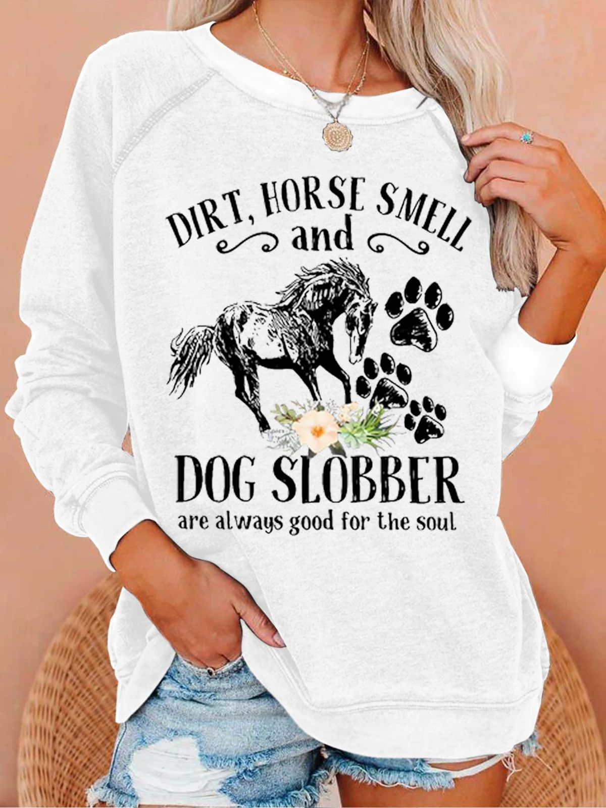 Women's Cute Horse And Dog Flower Dirt Horse Smell Animal Casual Crew Neck Sweatshirt