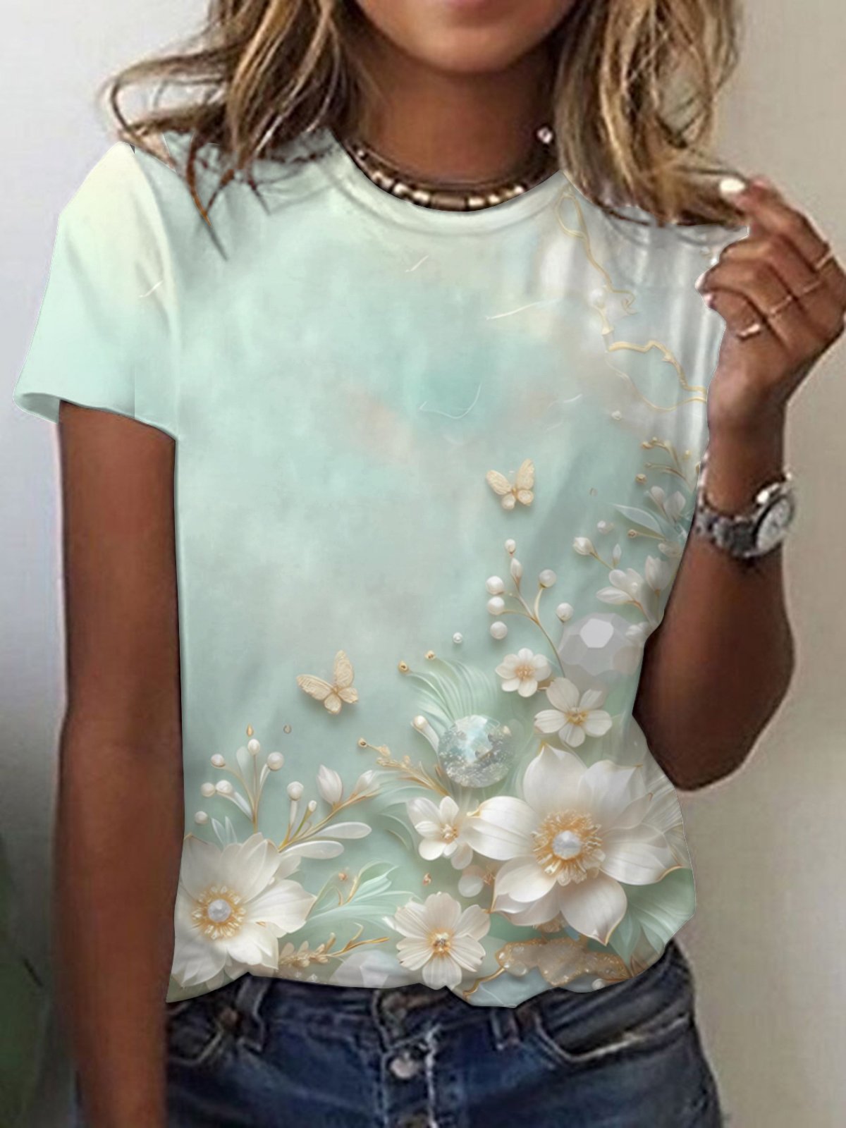 Women's Long Sleeve T-shirt Spring/Fall Green Floral Jersey V Neck Daily Going Out Casual Top