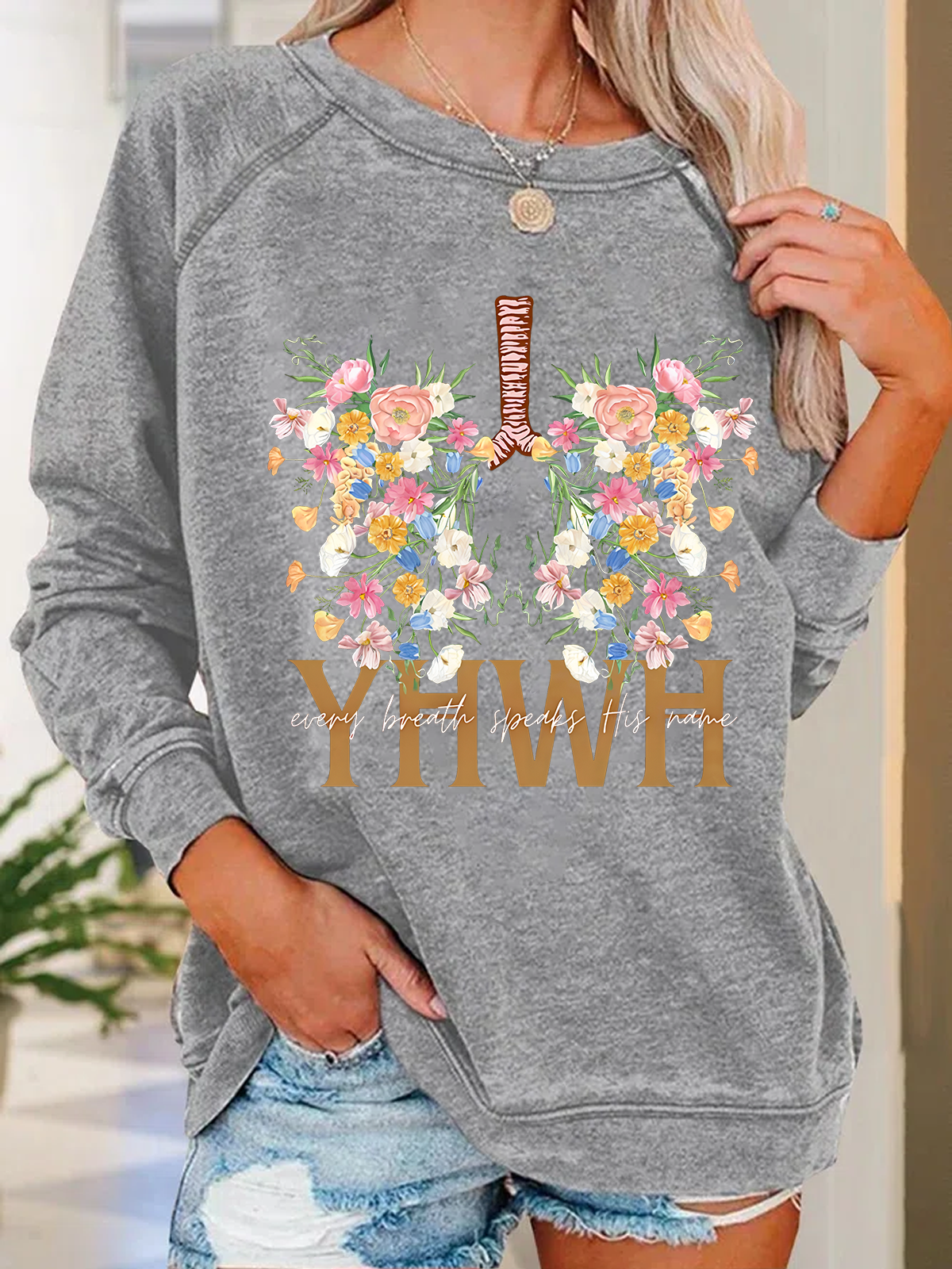 YHWH Floral Christian Text Letters Casual Sweatshirt