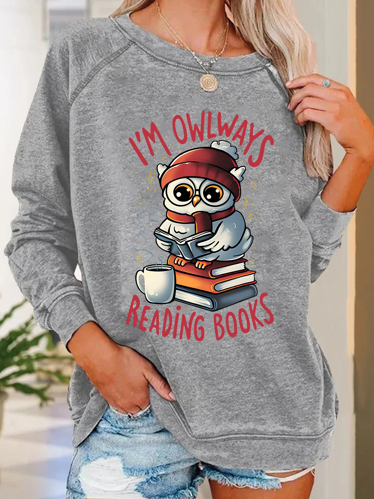 Owlways Reading Books Text Letters Casual Crew Neck Sweatshirt