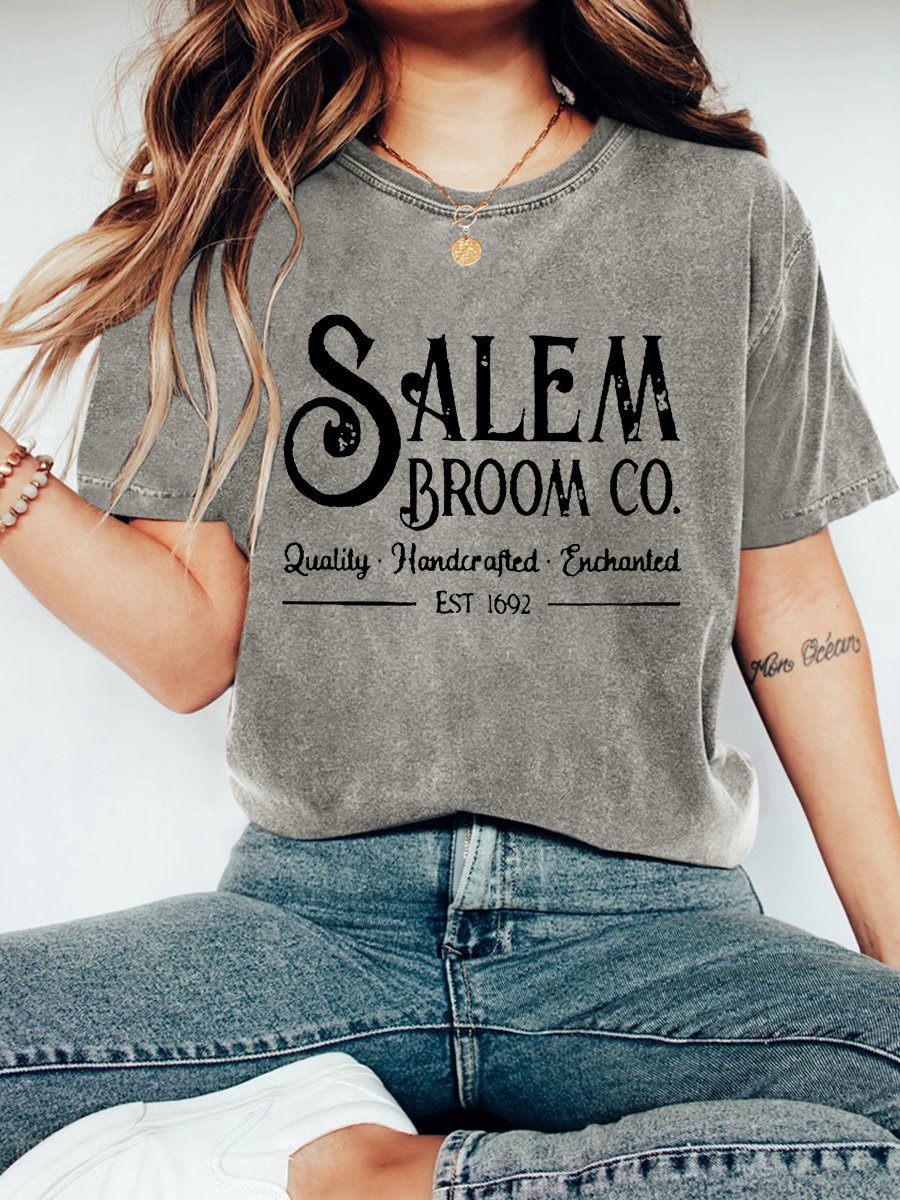 Halloween Women's Salem Broom Co Quality Handcrafted Enchanted Est 1692 Printed Vintage Distressed Shirt