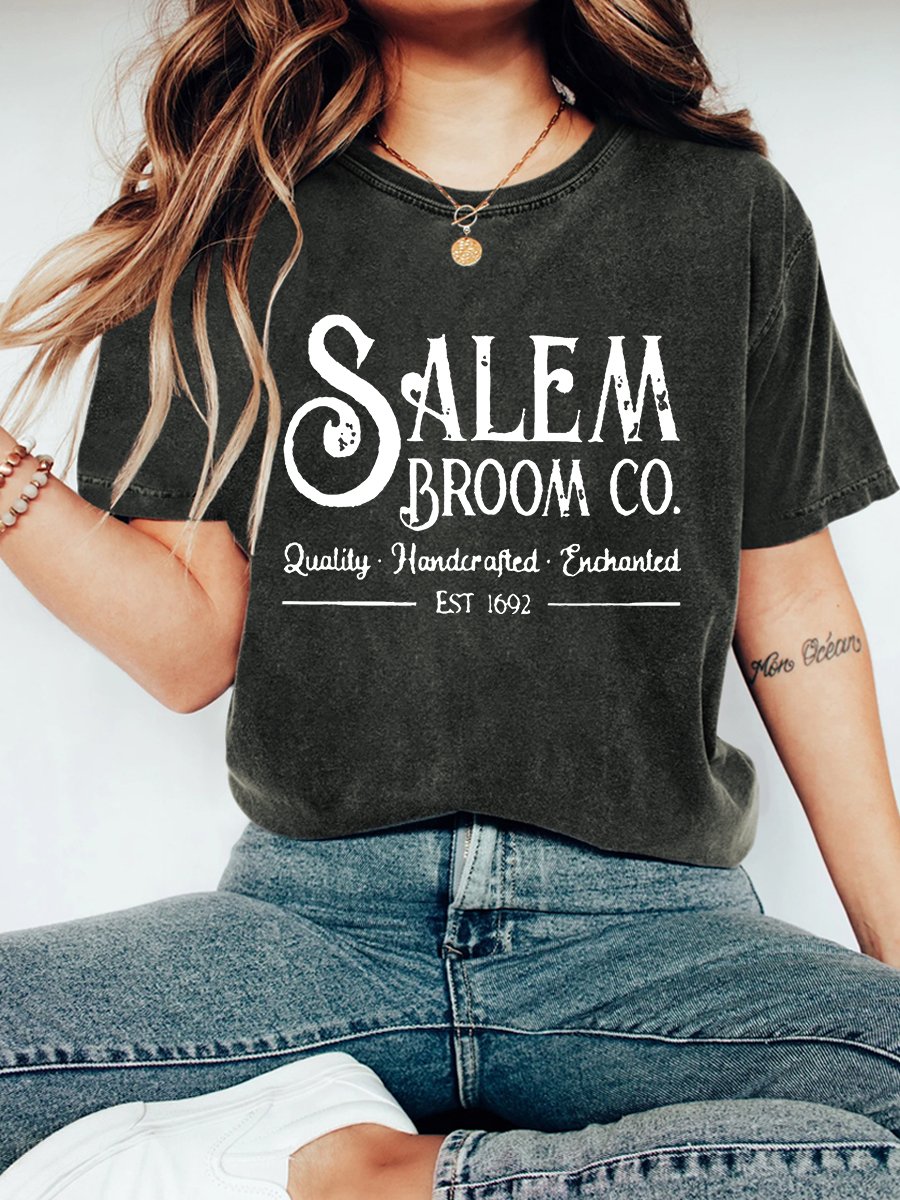 Halloween Women's Salem Broom Co Quality Handcrafted Enchanted Est 1692 Printed Vintage Distressed Shirt