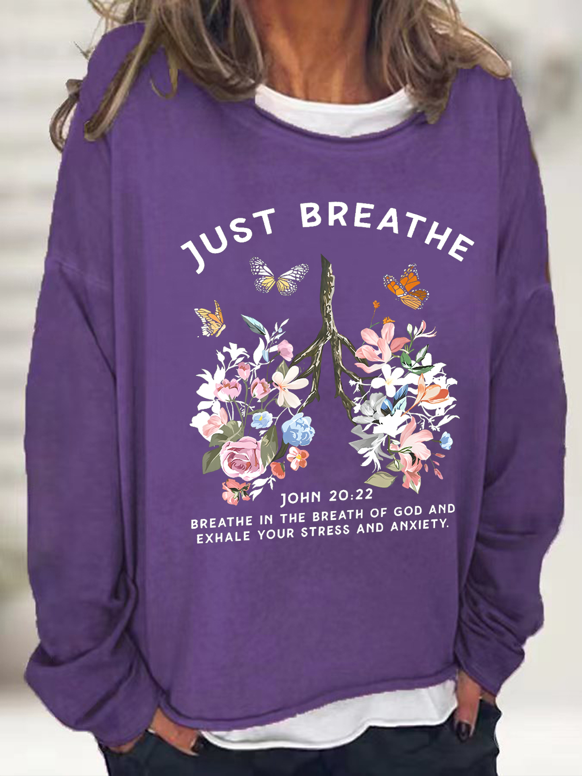 Just Breathe Boho Christian Casual Text Letters Sweatshirt