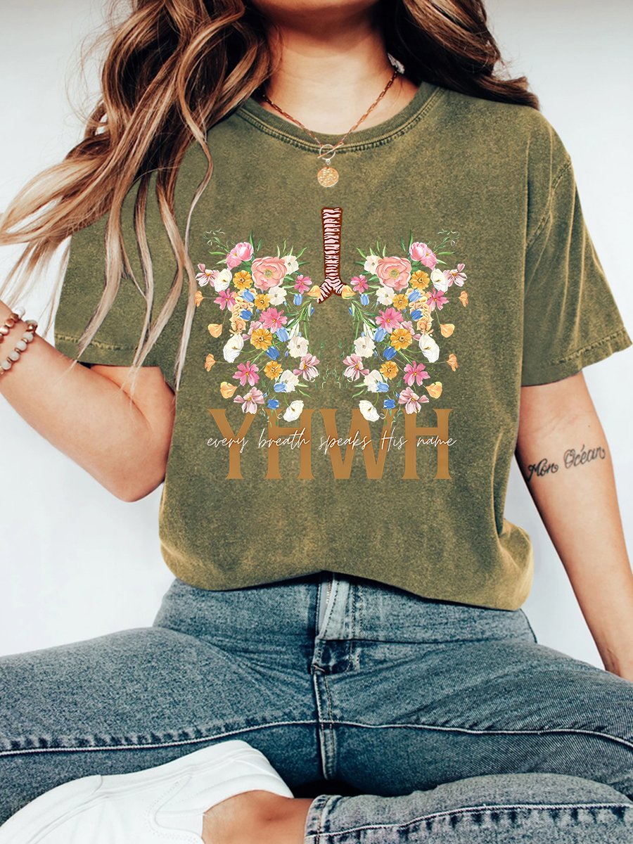 YHWH Floral Christian Washed T-Shirt Vintage Distressed Shirt