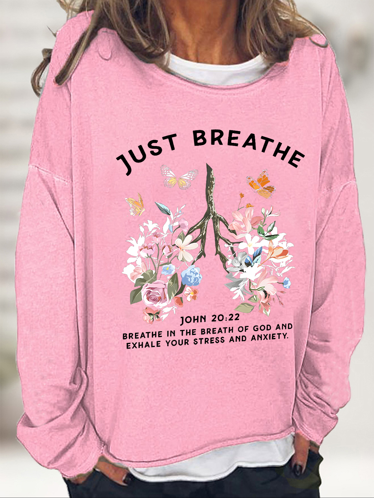 Just Breathe Boho Christian Casual Text Letters Sweatshirt