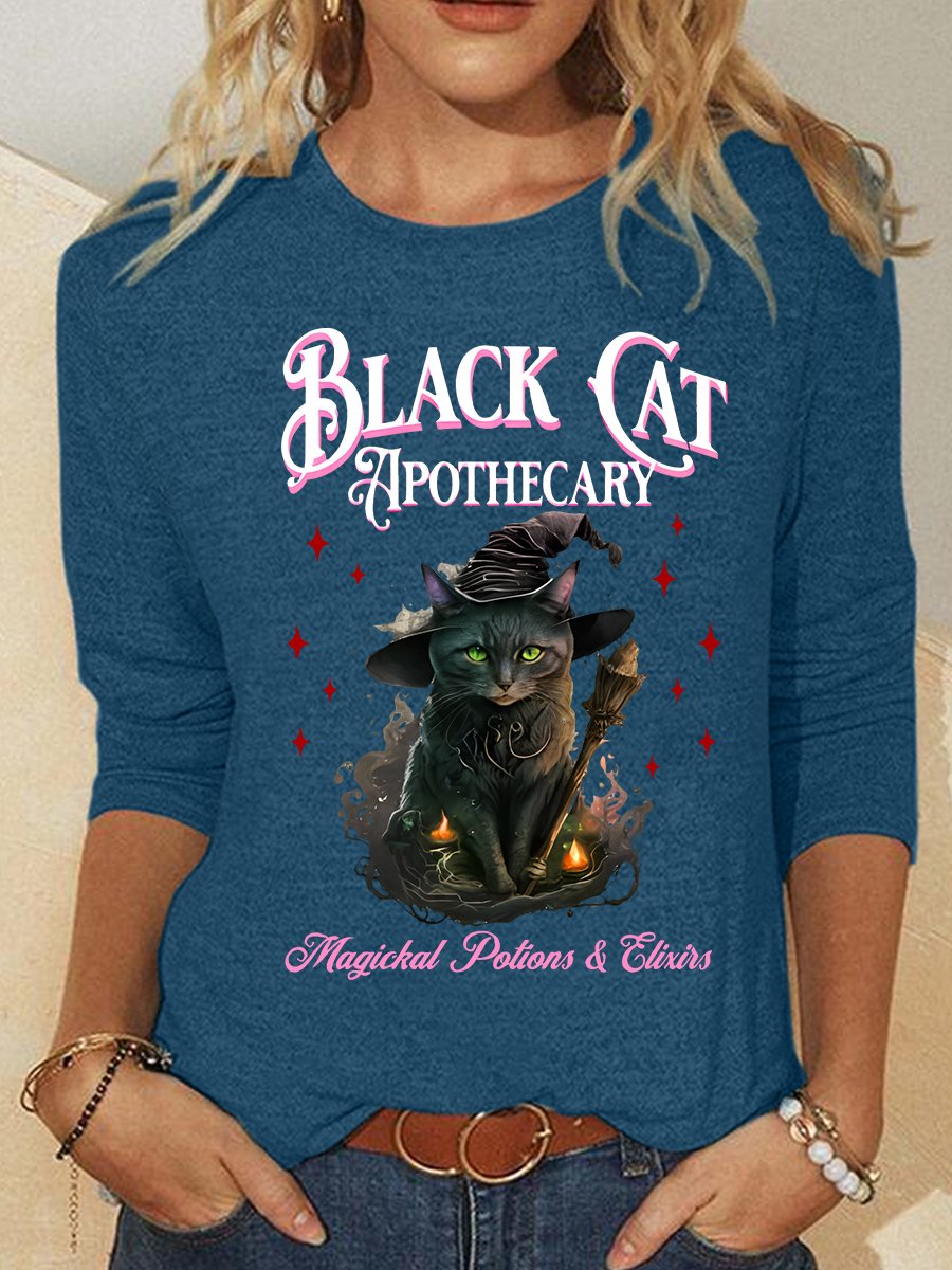 Black Cat Apothecary Halloween Casual Long Sleeve Shirt