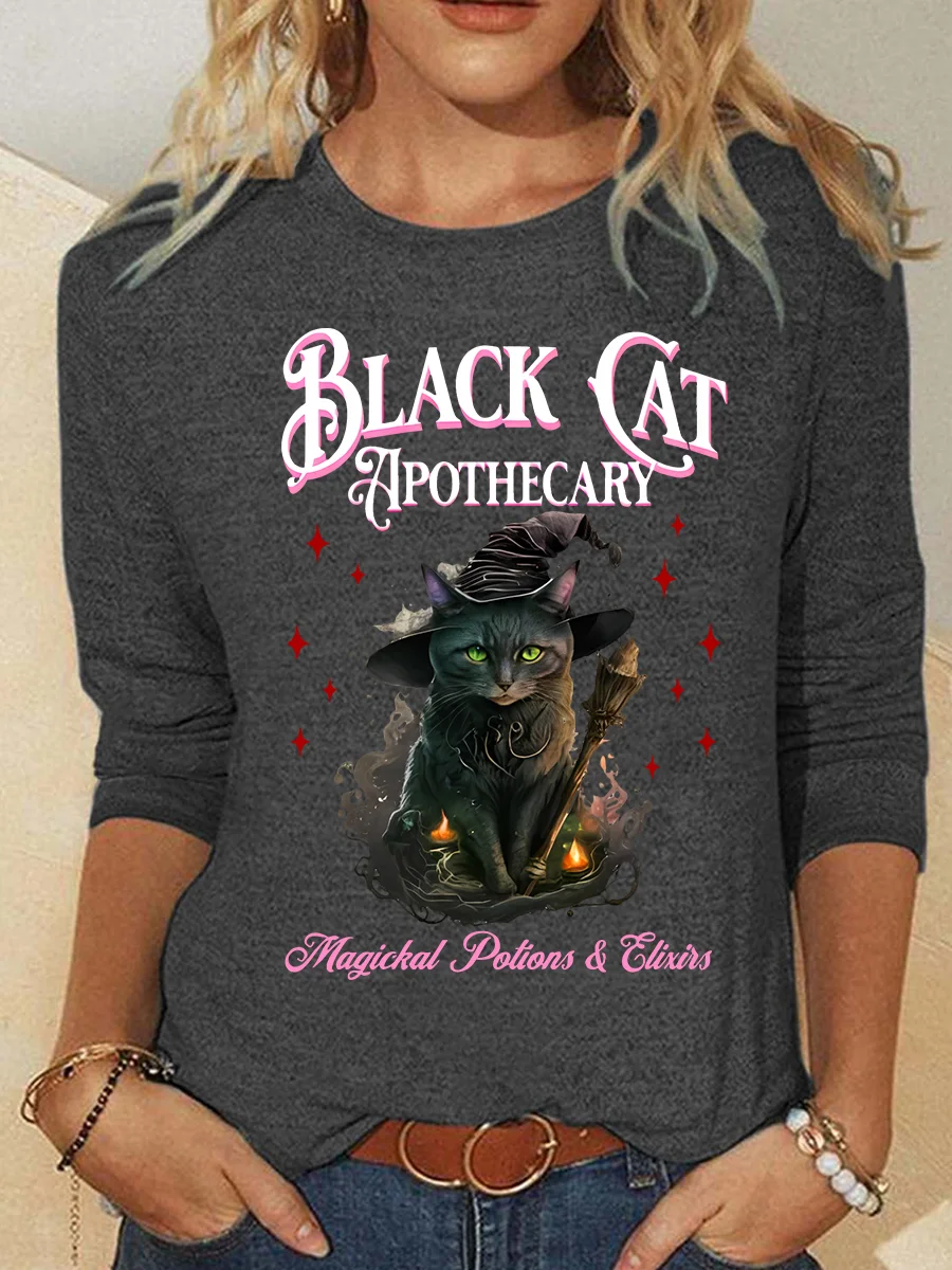 Black Cat Apothecary Halloween Casual Long Sleeve Shirt