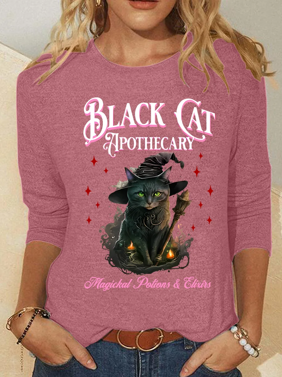 Black Cat Apothecary Halloween Casual Long Sleeve Shirt