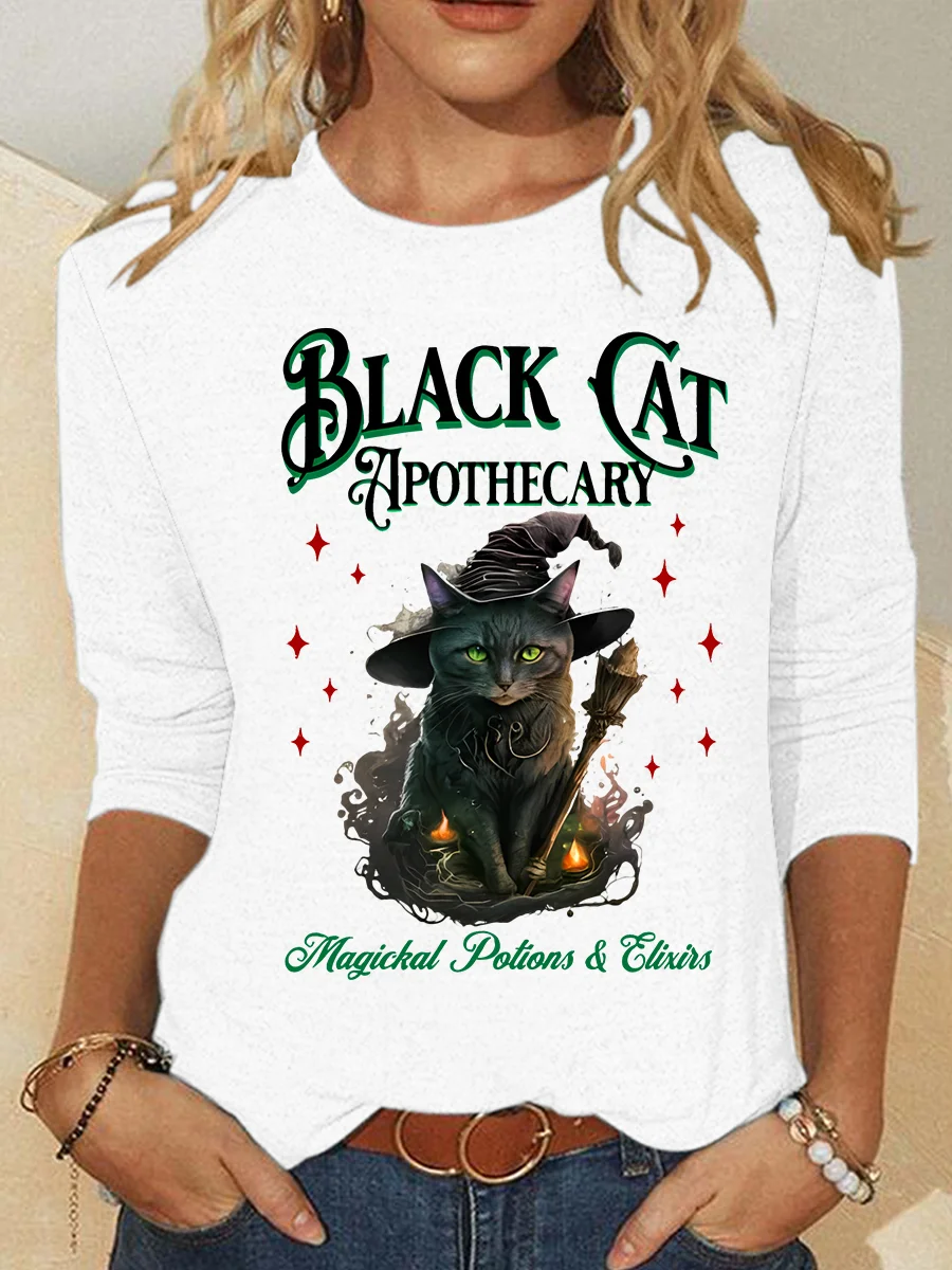 Black Cat Apothecary Halloween Casual Long Sleeve Shirt