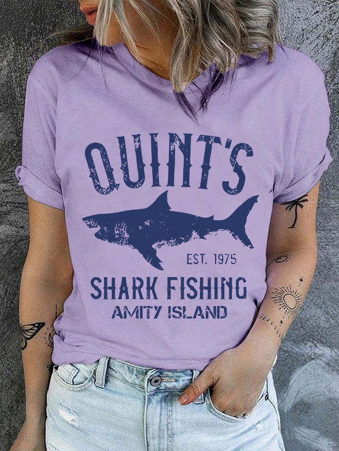 Quint's Shark Fishing Graphic Print Casual Crew Neck Text Letters T-Shirt