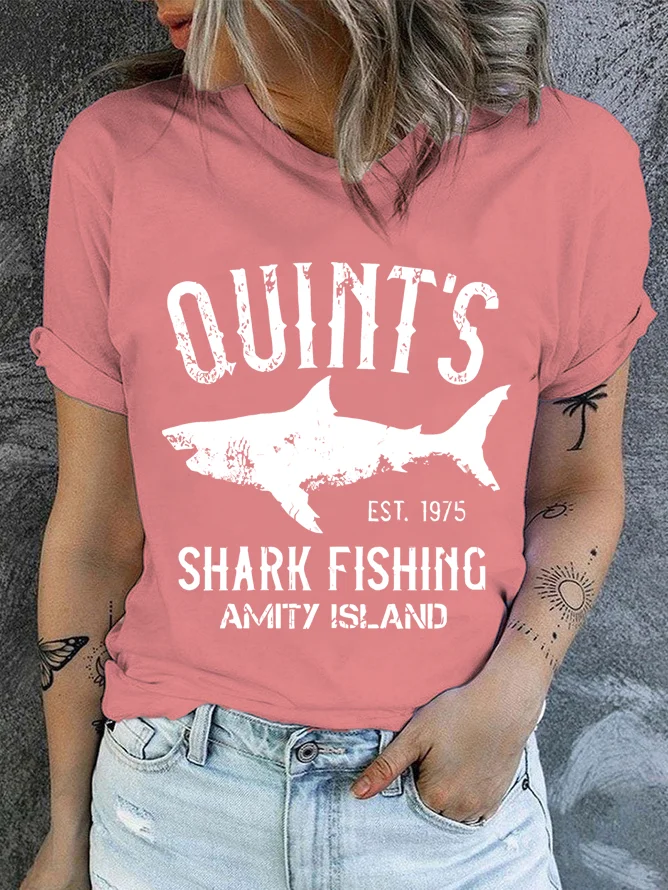 Quint's Shark Fishing Graphic Print Casual Crew Neck Text Letters T-Shirt