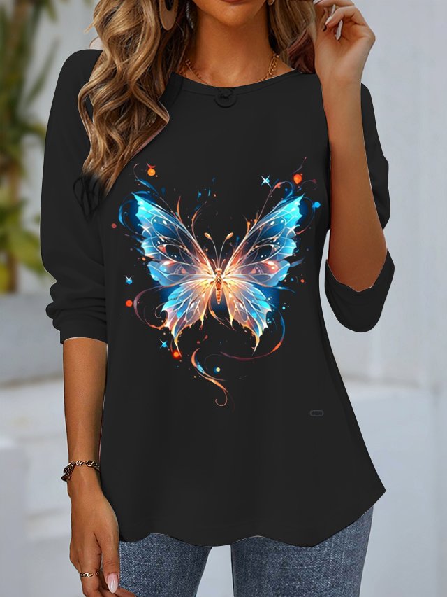 Women's Long Sleeve T-shirt Spring/Fall Black Butterfly Jersey Crew Neck Daily Going Out Casual Top