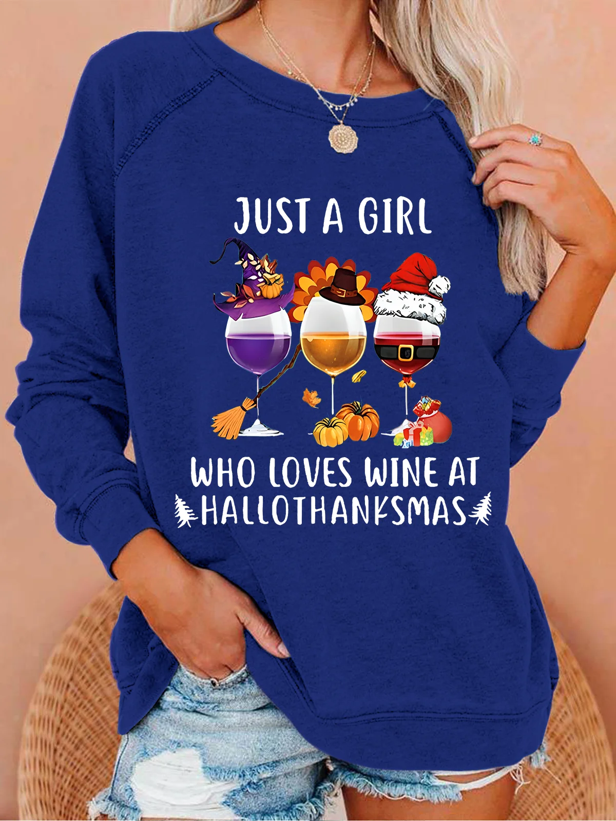 Women's Just A Girl Who Loves Wine At Hallothanksmas Print Casual Sweatshirt