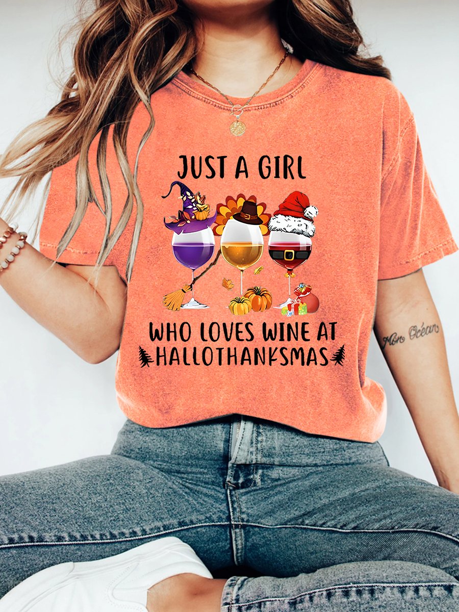 Women's Just A Girl Who Loves Wine At Hallothanksmas Print Vintage Distressed Shirt