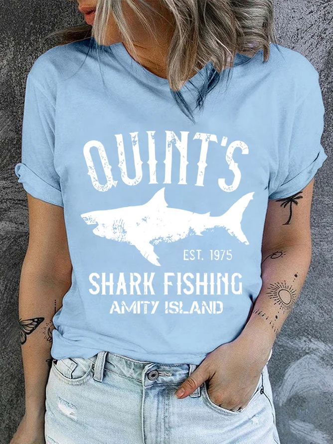 Quint's Shark Fishing Graphic Print Casual Crew Neck Text Letters T-Shirt