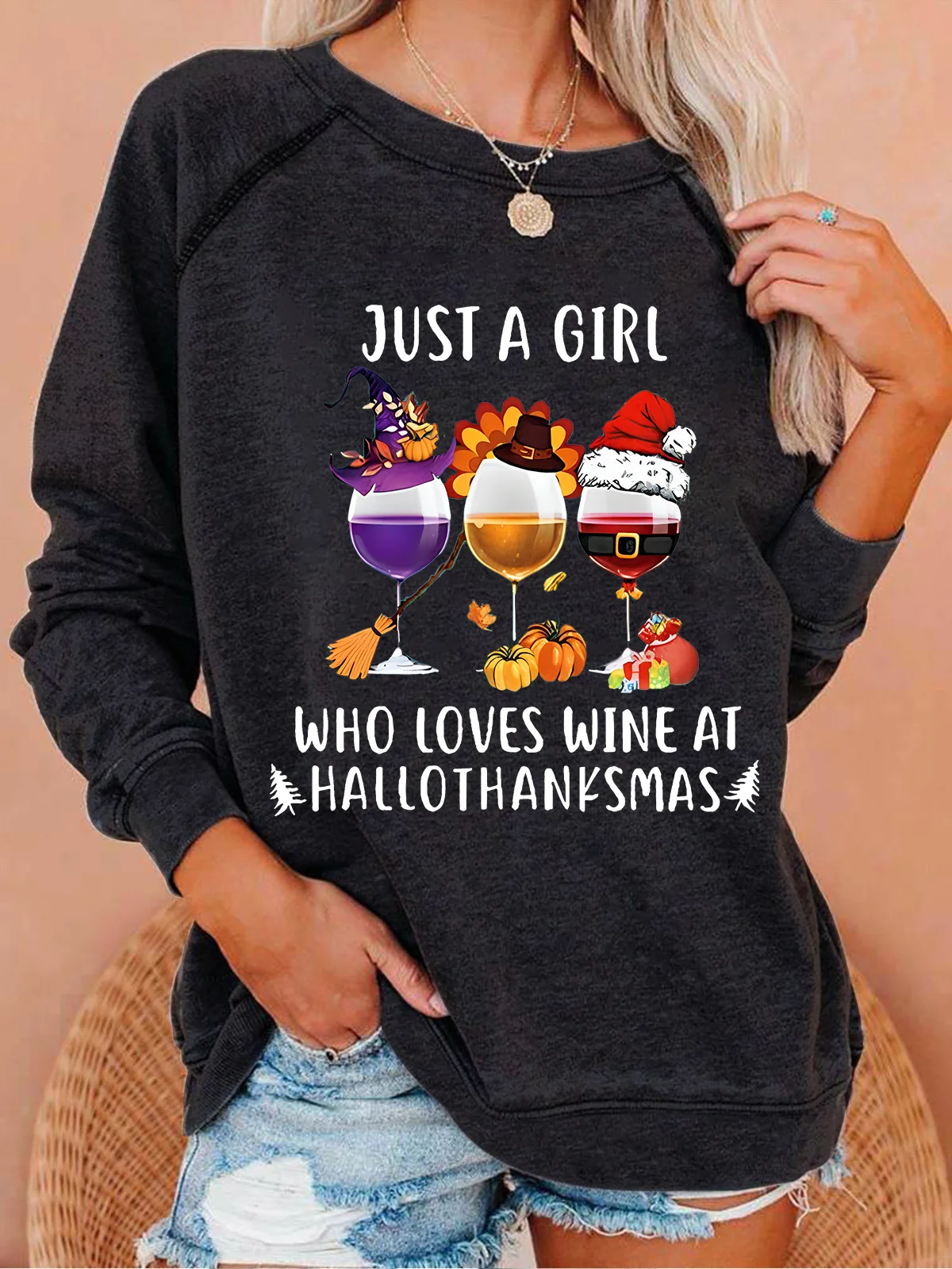 Women's Just A Girl Who Loves Wine At Hallothanksmas Print Casual Sweatshirt