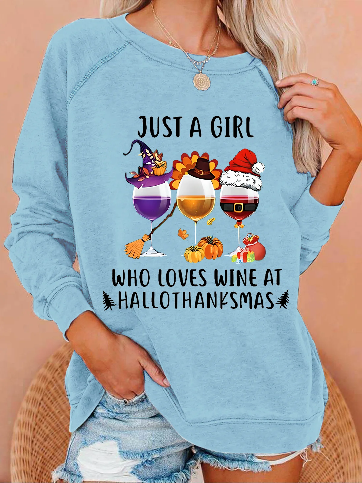 Women's Just A Girl Who Loves Wine At Hallothanksmas Print Casual Sweatshirt