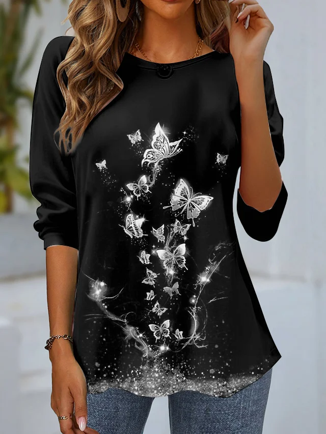 Women's Long Sleeve T-shirt Spring/Fall Black Butterfly Jersey Crew Neck Daily Going Out Casual Top