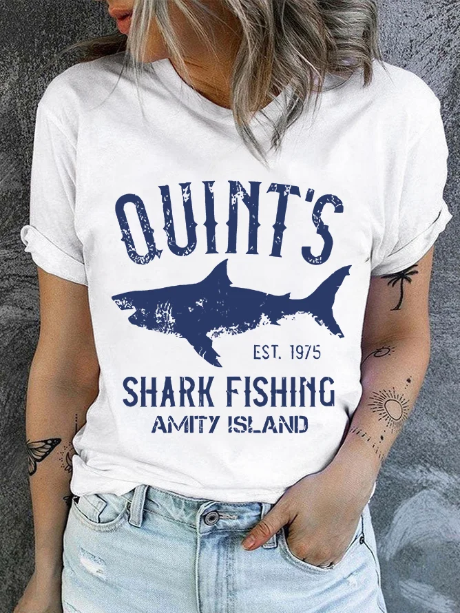 Quint's Shark Fishing Graphic Print Casual Crew Neck Text Letters T-Shirt