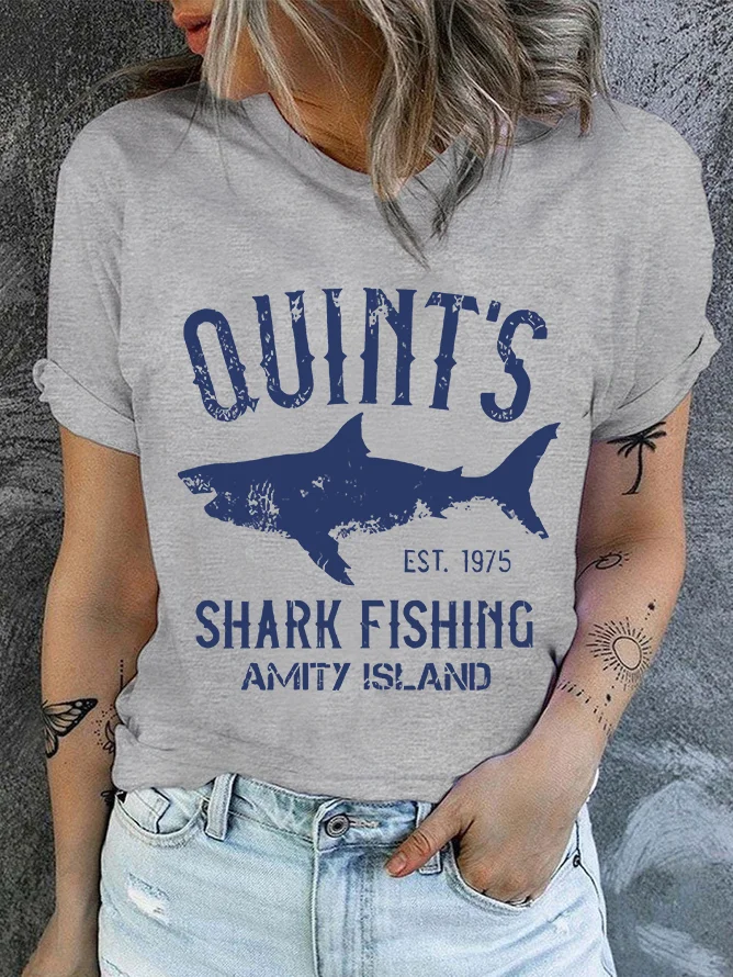 Quint's Shark Fishing Graphic Print Casual Crew Neck Text Letters T-Shirt