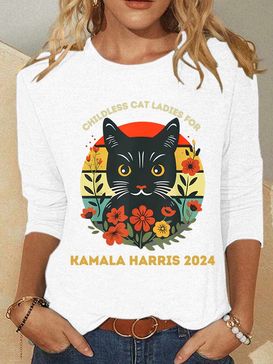 Vintage Childless Cat Ladies For Kamala Harris 2024 Election Casual Long Sleeve Shirt