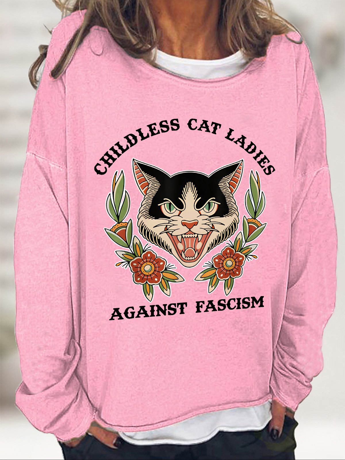 Childless Cat Ladies Against Fascism Funny Cat Feminist Casual Sweatshirt