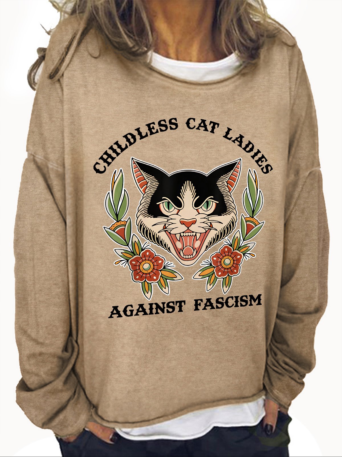 Childless Cat Ladies Against Fascism Funny Cat Feminist Casual Sweatshirt