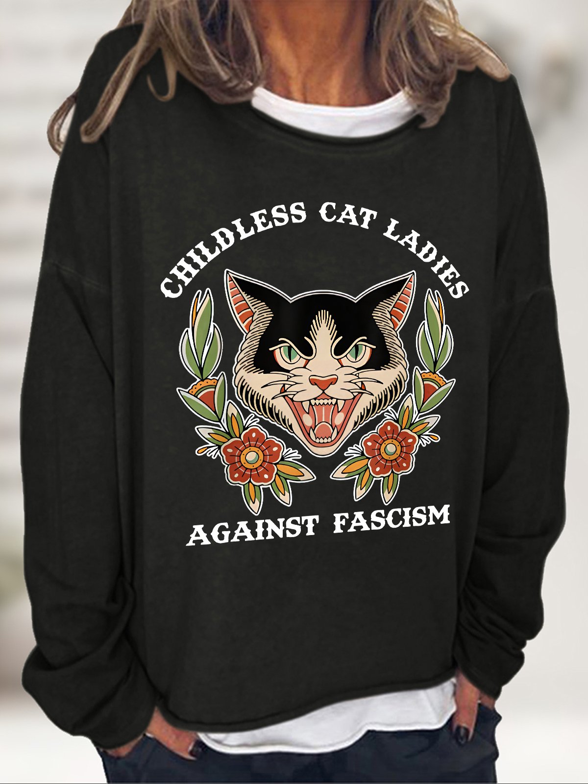 Childless Cat Ladies Against Fascism Funny Cat Feminist Casual Sweatshirt