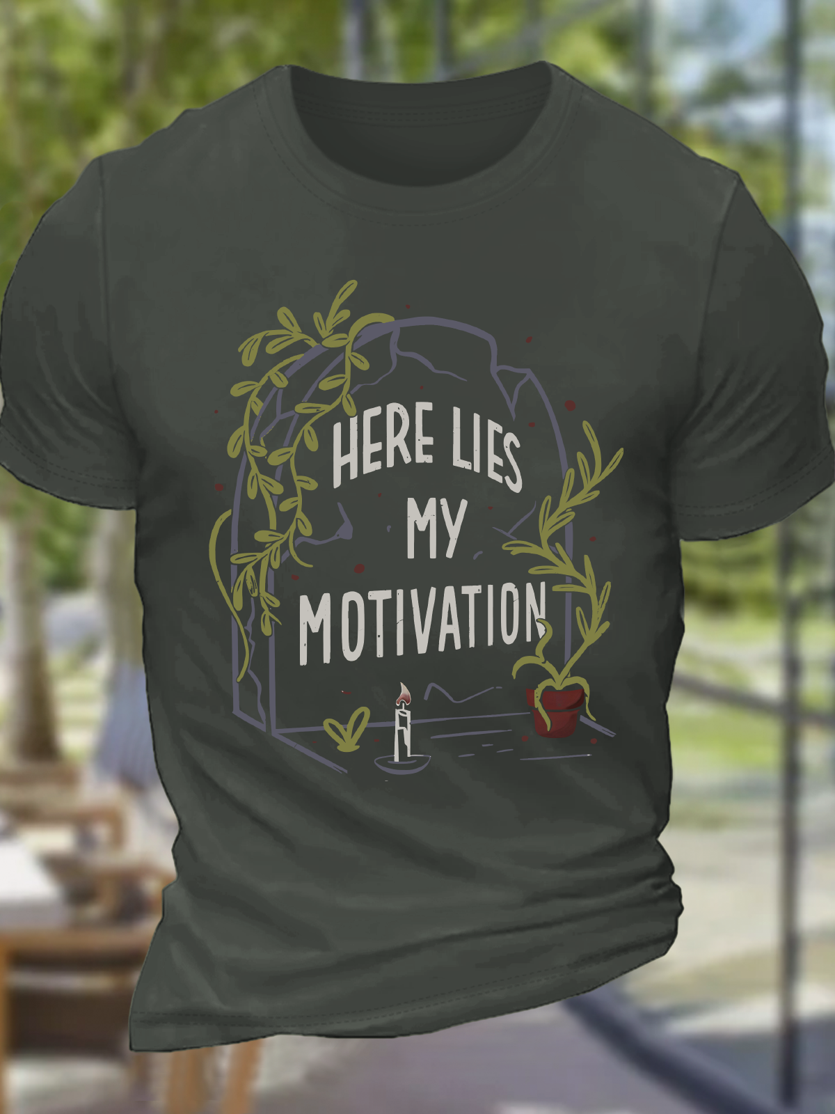 Here Lies My Motivation Cotton T-Shirt