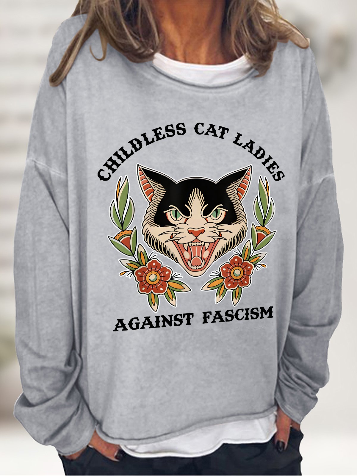 Childless Cat Ladies Against Fascism Funny Cat Feminist Casual Sweatshirt