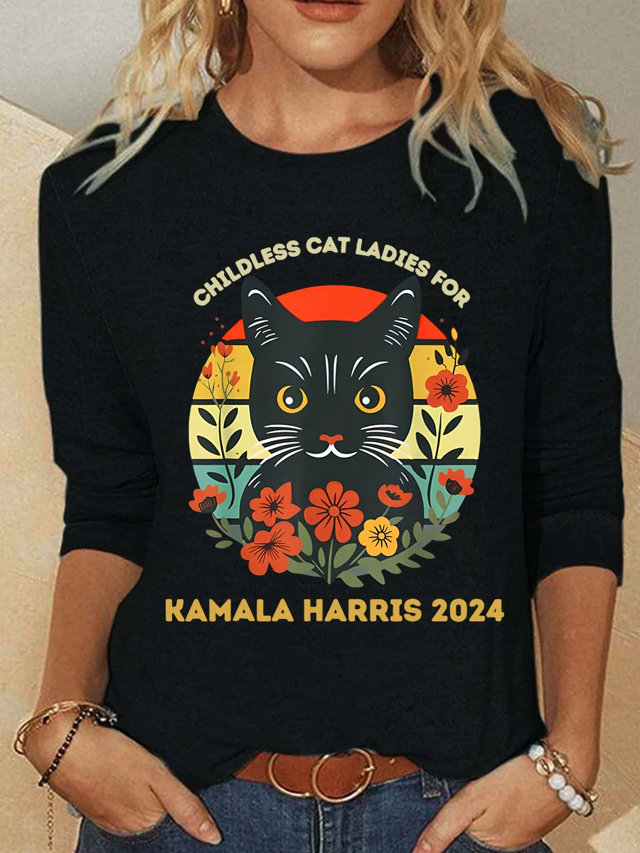 Vintage Childless Cat Ladies For Kamala Harris 2024 Election Casual Long Sleeve Shirt