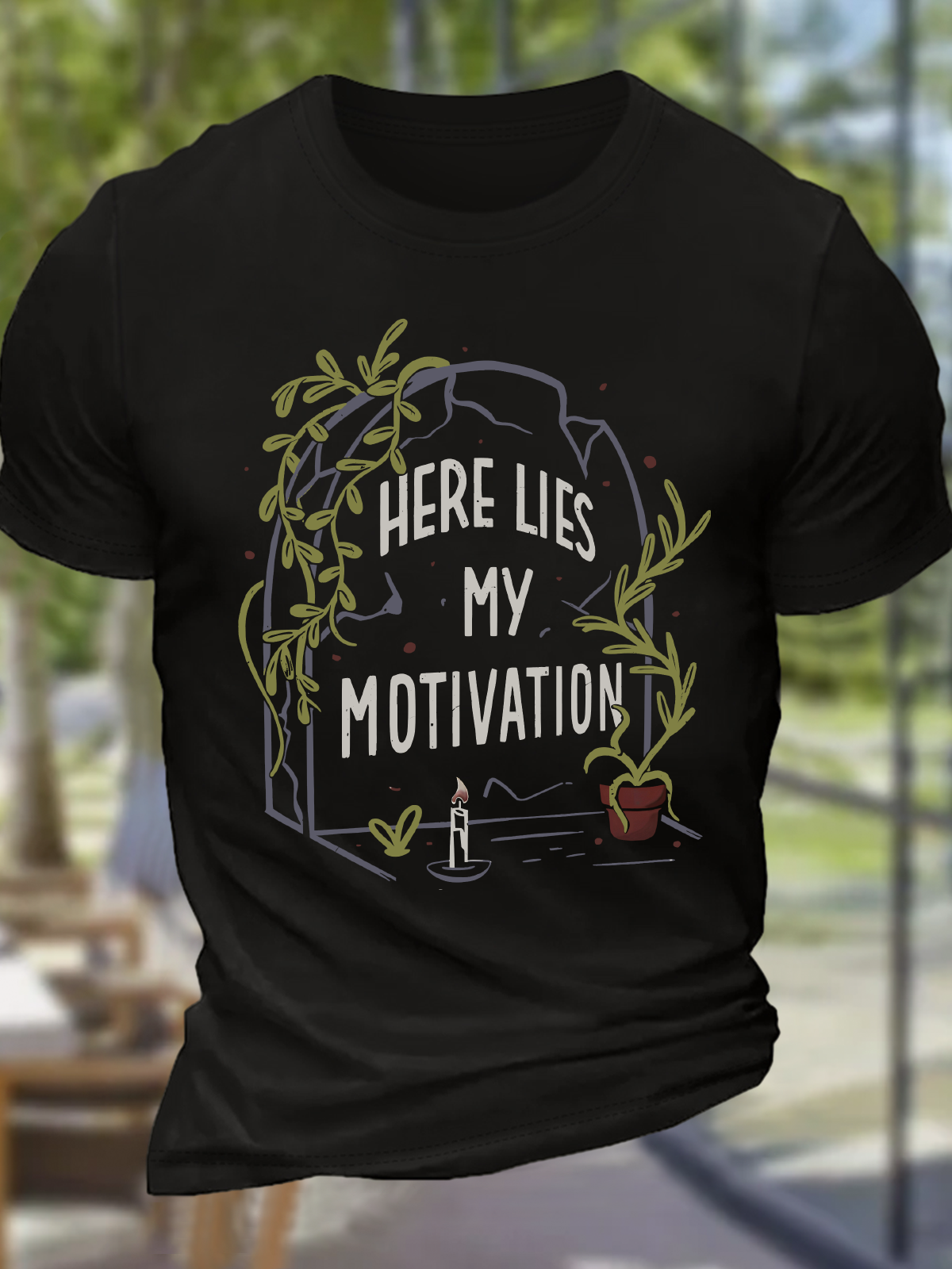 Here Lies My Motivation Cotton T-Shirt