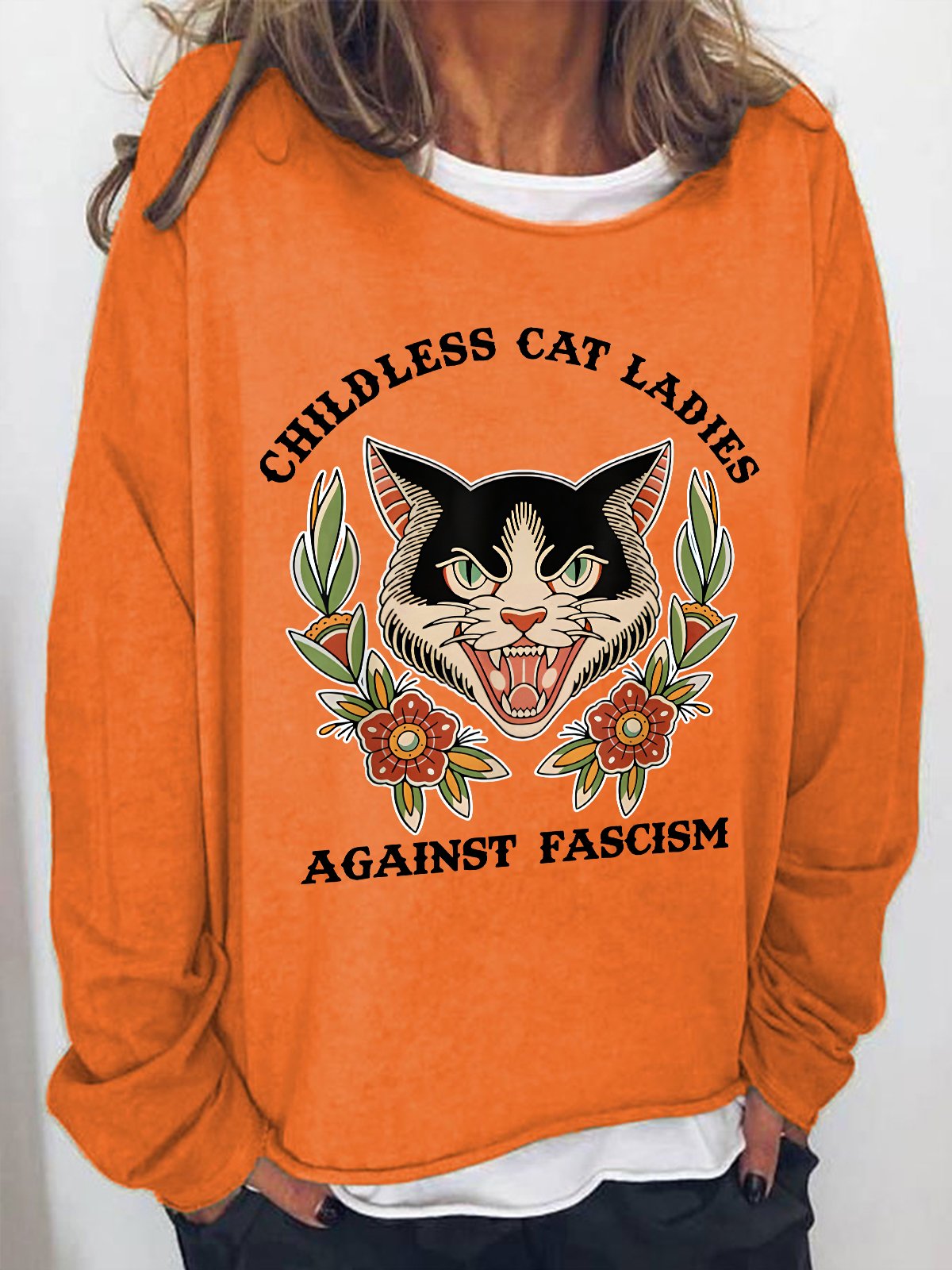 Childless Cat Ladies Against Fascism Funny Cat Feminist Casual Sweatshirt