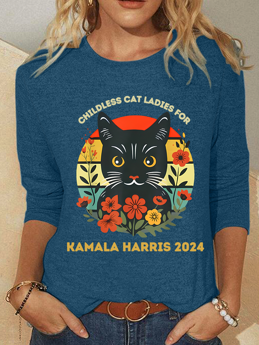 Vintage Childless Cat Ladies For Kamala Harris 2024 Election Casual Long Sleeve Shirt