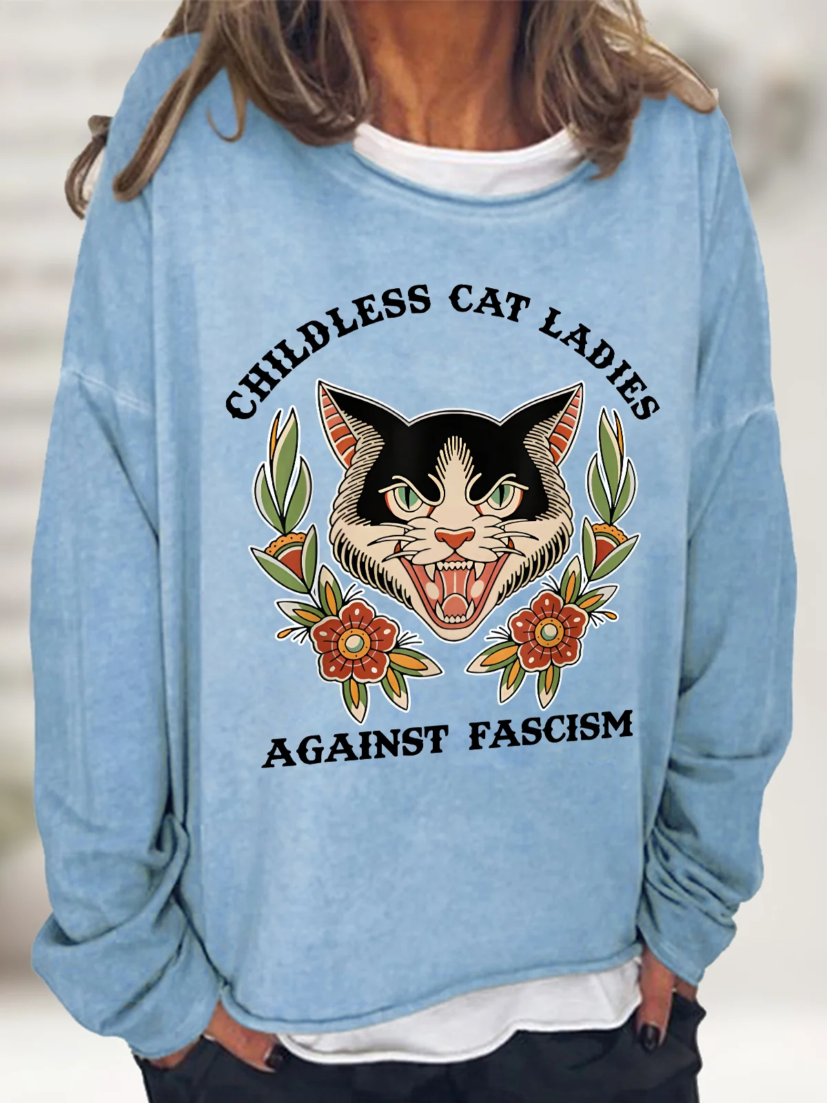 Childless Cat Ladies Against Fascism Funny Cat Feminist Casual Sweatshirt