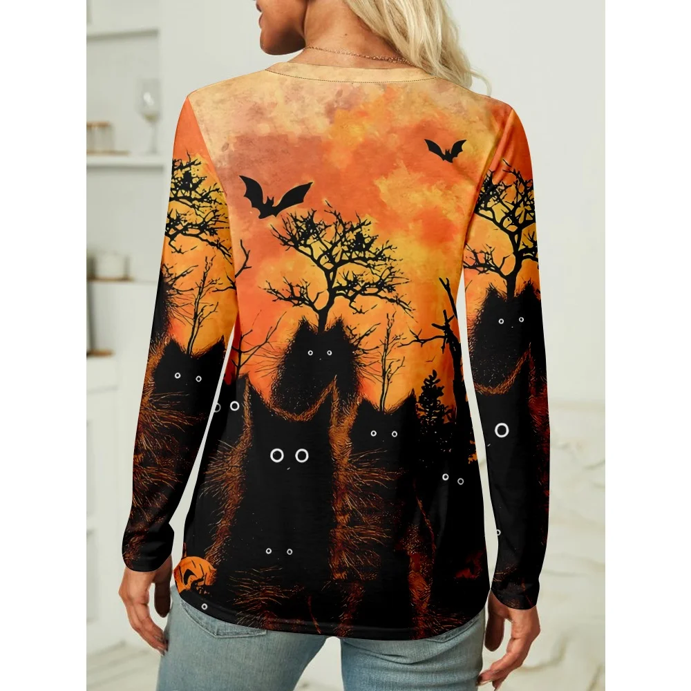 Halloween Cat Crew Neck Casual Cat Regular Fit Long Sleeve Shirt