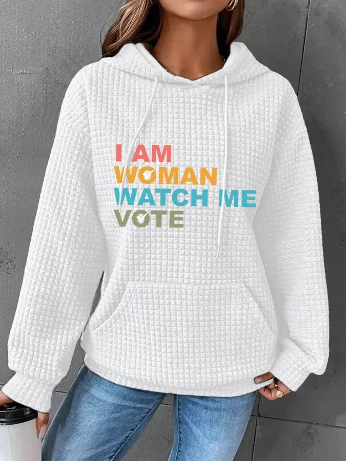 Women's 'I Am Woman Watch Me Vote' Waffle Print Hoodie