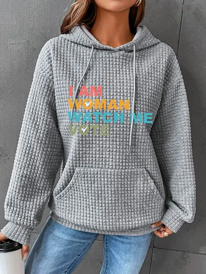 Women's 'I Am Woman Watch Me Vote' Waffle Print Hoodie