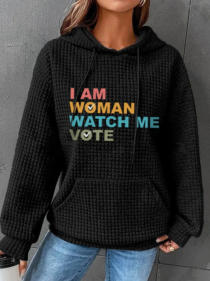 Women's 'I Am Woman Watch Me Vote' Waffle Print Hoodie