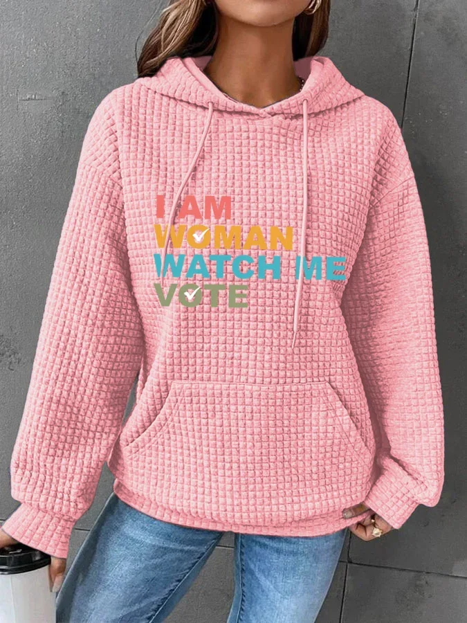 Women's 'I Am Woman Watch Me Vote' Waffle Print Hoodie