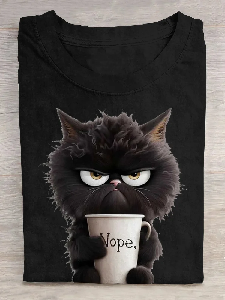 Loose Crew Neck Cat Casual T-Shirt